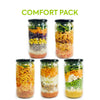 comfort pack of jars: 1. Spaghetti Meat Sauce 2. Curry Chicken 3. Korean BBQ Bibimbap 4. Spicy Pork Bibimbap 5. Lentil Bolognese (V)