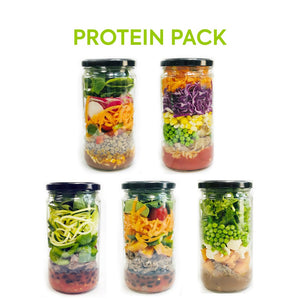Protein Pack: 1. Chicken Showdown 2. Pulled Pork & Smashed Potatoes 3. Sizzlin' Steak Fajita 4. Naked Beef Burrito 5. Steak & Vegetables
