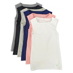 Simply Sleeveless Sensory Compression Shirt in grey, black taupe, navy, blush pink, and white