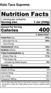 Keto Taco Supreme nutrition facts: calories 400; total fat 37g; cholesterol 35mg; sodium 200mg; total carbohydrates 9g; protein 14g