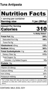 Tuna Antipasta nutrition facts: calories 310; total fat 23g; cholesterol 40mg; sodium 680mg; total carbohydrates 11g; protein 16g