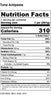 Tuna Antipasta nutrition facts: calories 310; total fat 23g; cholesterol 40mg; sodium 680mg; total carbohydrates 11g; protein 16g